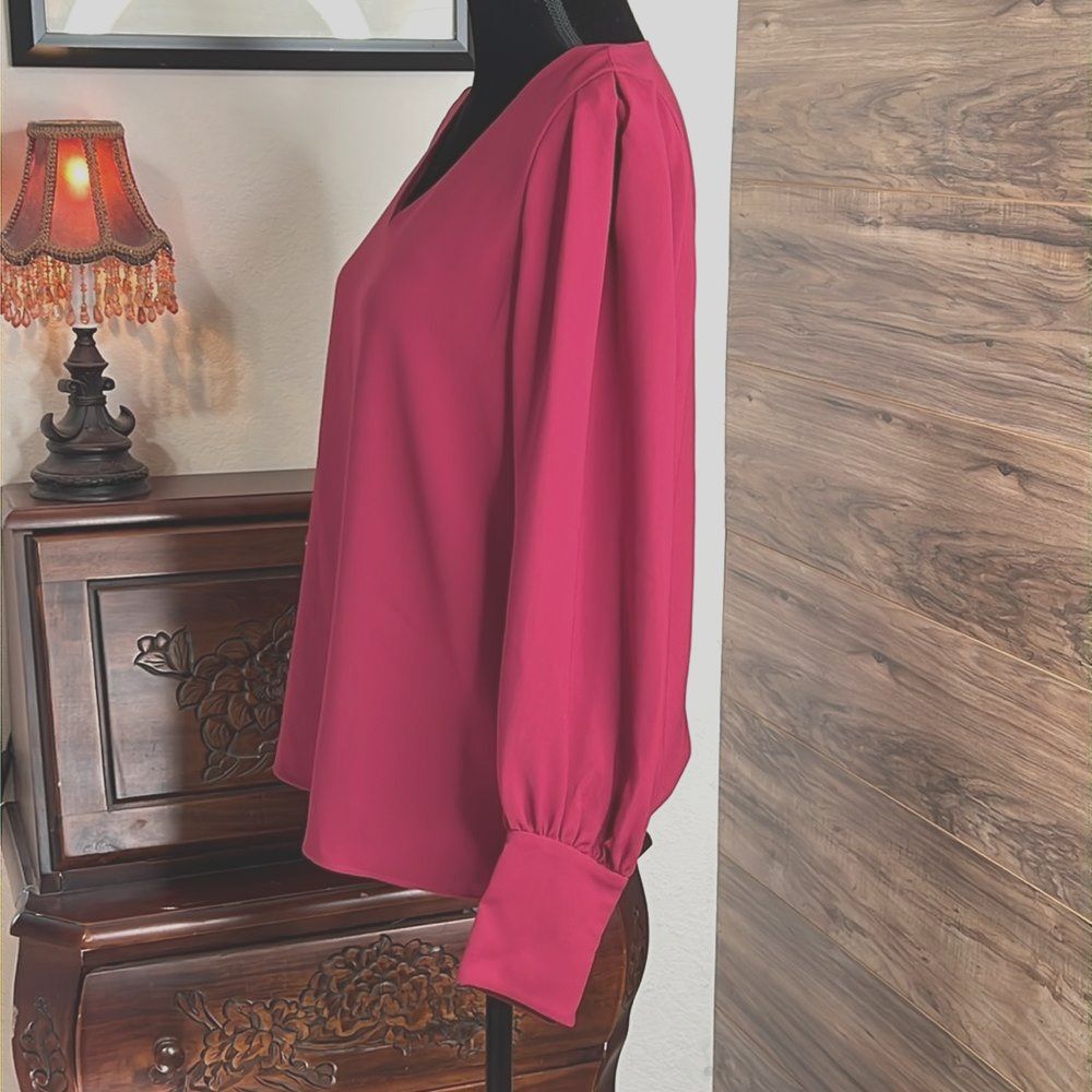 Lafayette 148 Lenore Hibiscus V-Neck Crepe Blouse Puff Sleeve Button Cuff Small - Picture 4 of 12